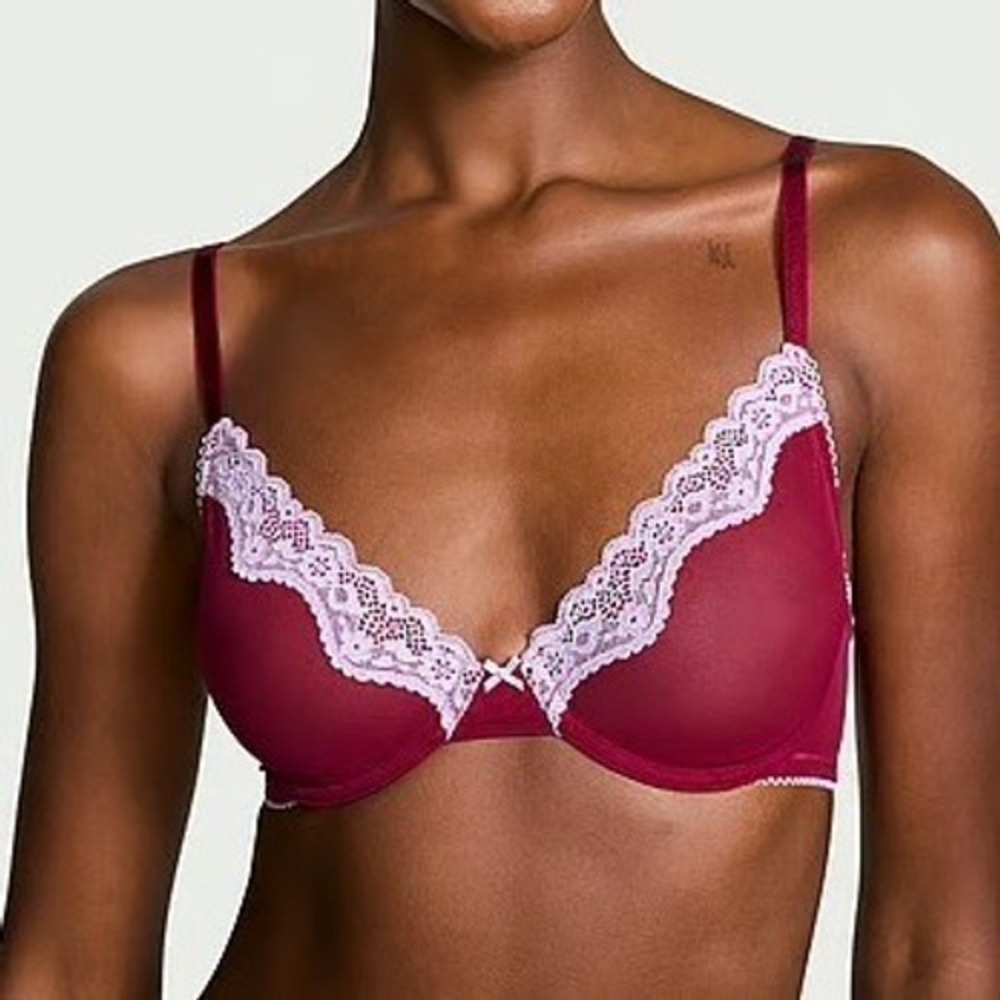 Victorias Secret Tease Unlined Demi Bra Burgundy Lace 36B Coquette Romantic